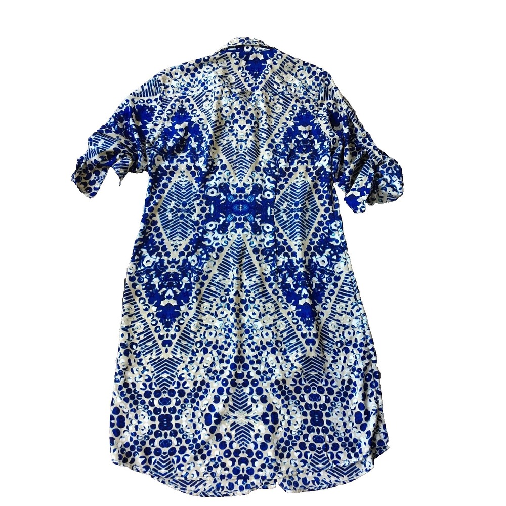 Cabi Blue Jewel Print Shirt Dress Women S 4 6 Button Up #422 Roll Tab Sleeve - Picture 9 of 10